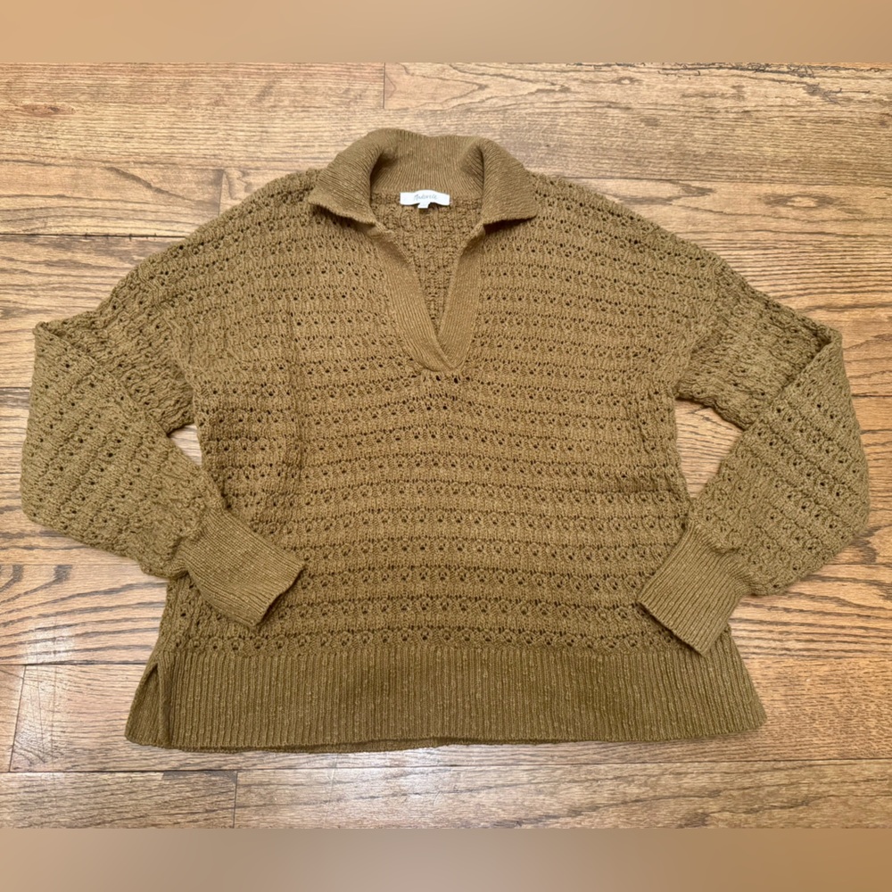 Madewell Open Knit Collared Sweater Medium Camel Brown